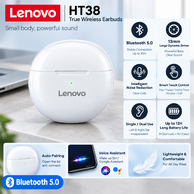 Lenovo HT38 TWS, Earphone Olah - Type C Wired Earphones With Mic ulasan dan harga