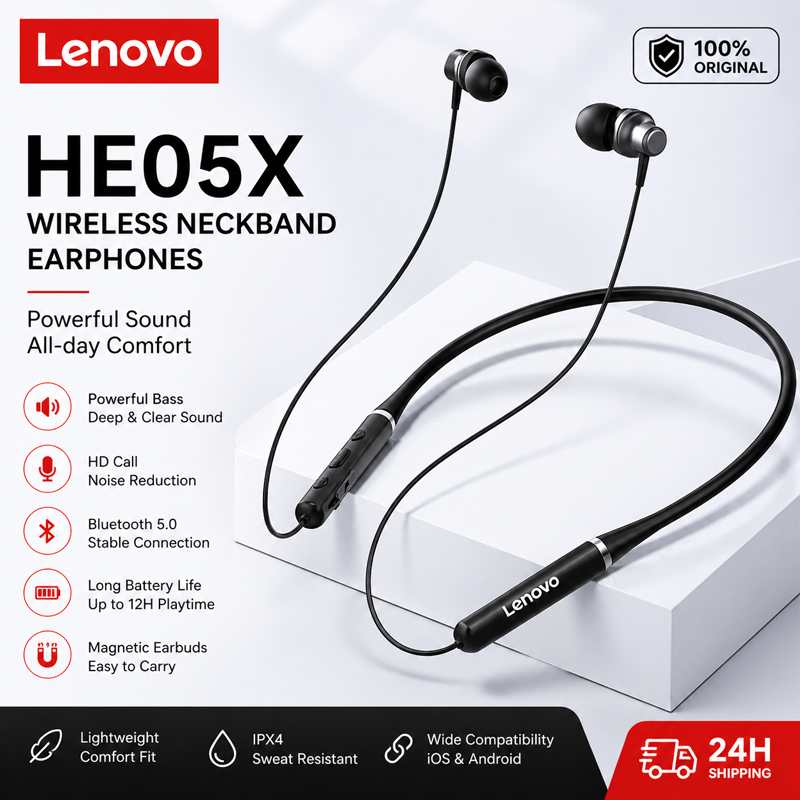 100% Asli Lenovo HE05X Earphon - Magnetic Neckband Sports Earphones ulasan dan harga
