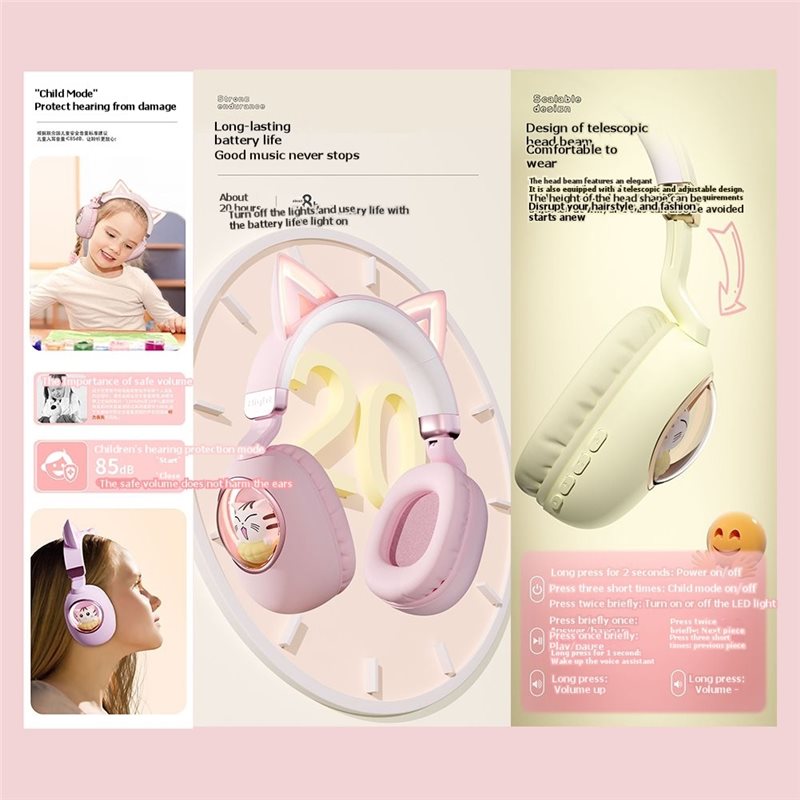 Headset Nirkabel Bluetooth 5.3 - Cat Ear Bluetooth Headset Led ulasan dan harga