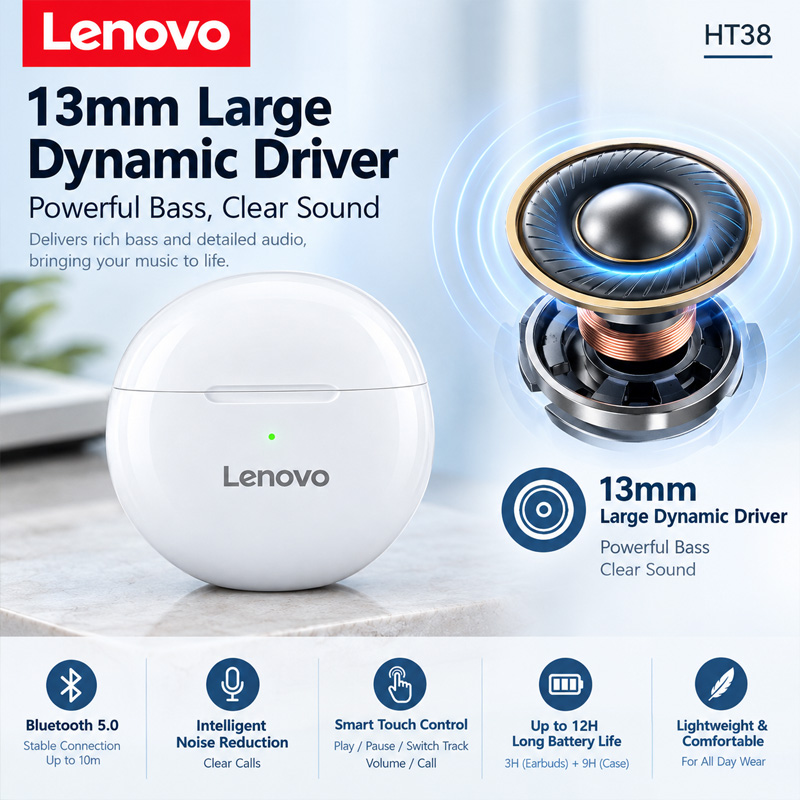 Lenovo HT38 TWS, Earphone Olah - Type C Wired Earphones With Mic ulasan dan harga