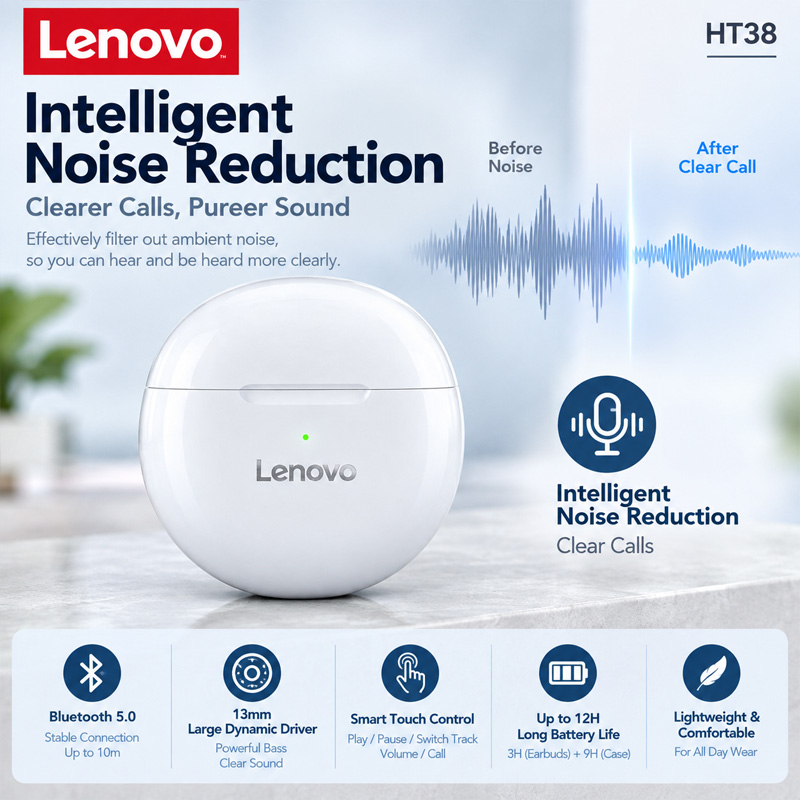 Lenovo HT38 TWS, Earphone Olah - Type C Wired Earphones With Mic ulasan dan harga